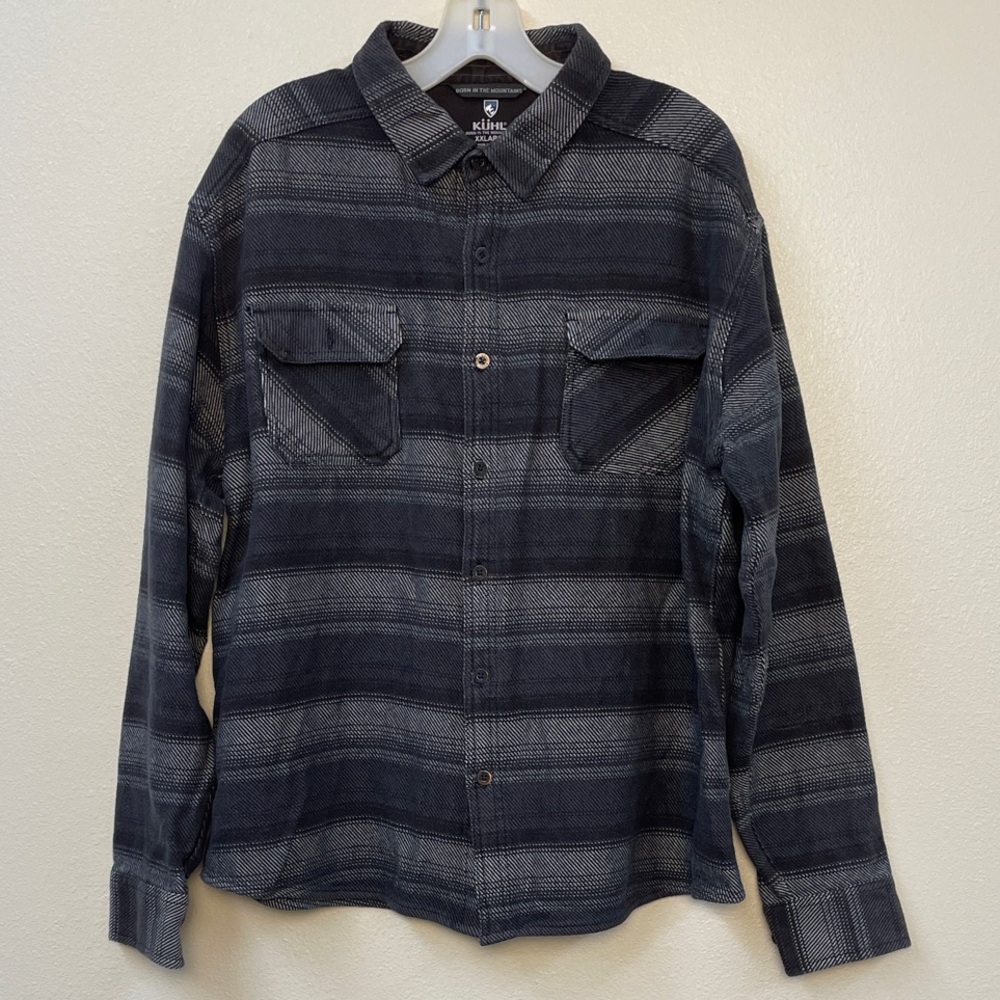 KUHL M XXL Gray Black Heavyweight Button Up 2Pocket Flannel Shirt Cotton Blend